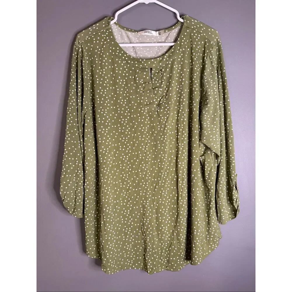 Cure Green White Polka Dot Key Hole Chest Long Sleeve Top Size 3XL NWOT